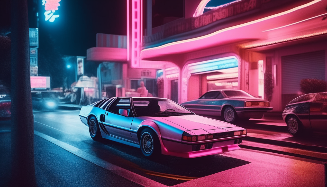 Another view of a 1980s casino glowing with pink and blue neon, as a silver BMW M1, flying Lotus Esprit submarine car and red Ferrari Testarossa cruise down the strip.
