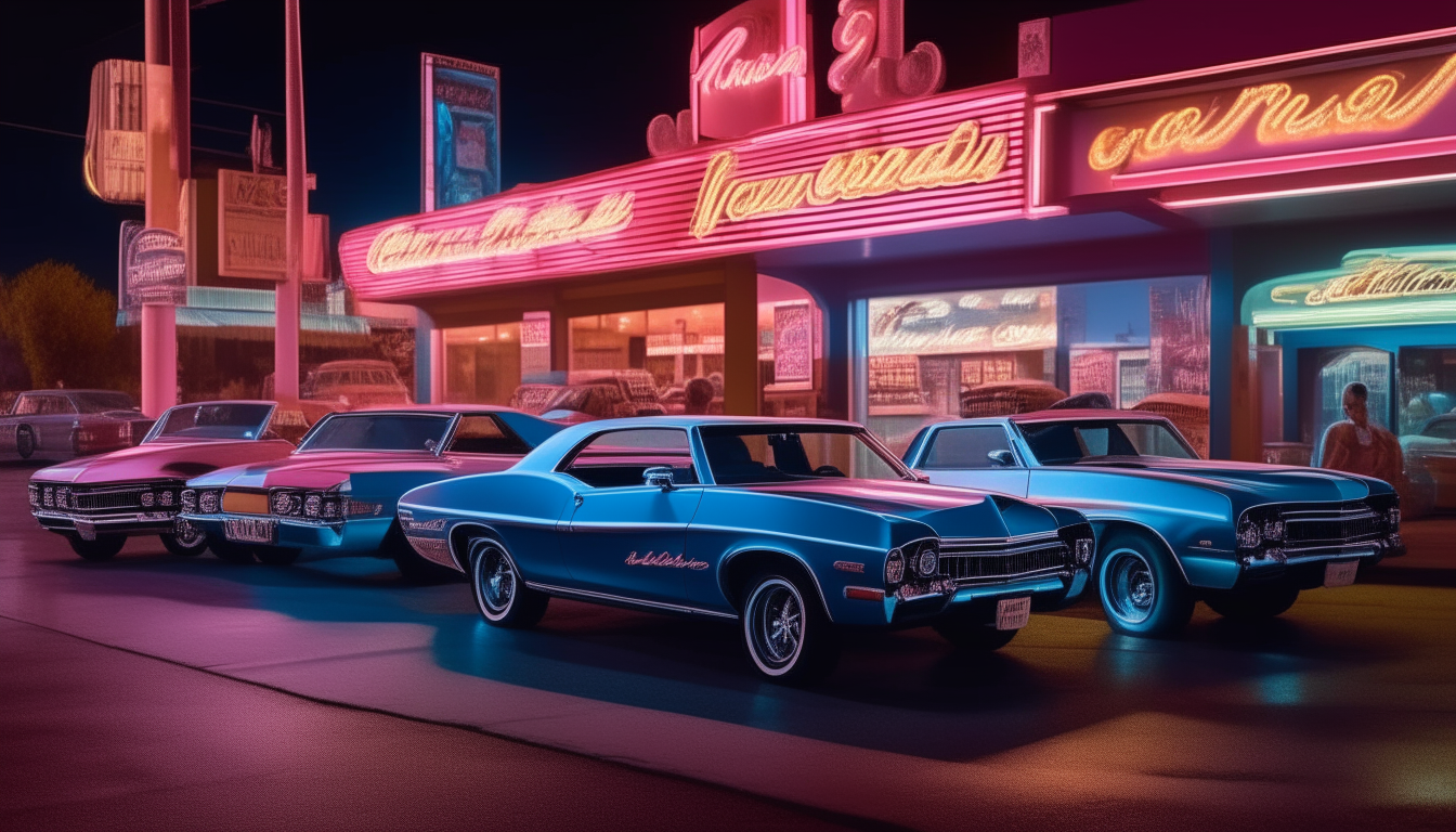 Three classic cars parked under the glow of neon signs at a 1980s Las Vegas casino