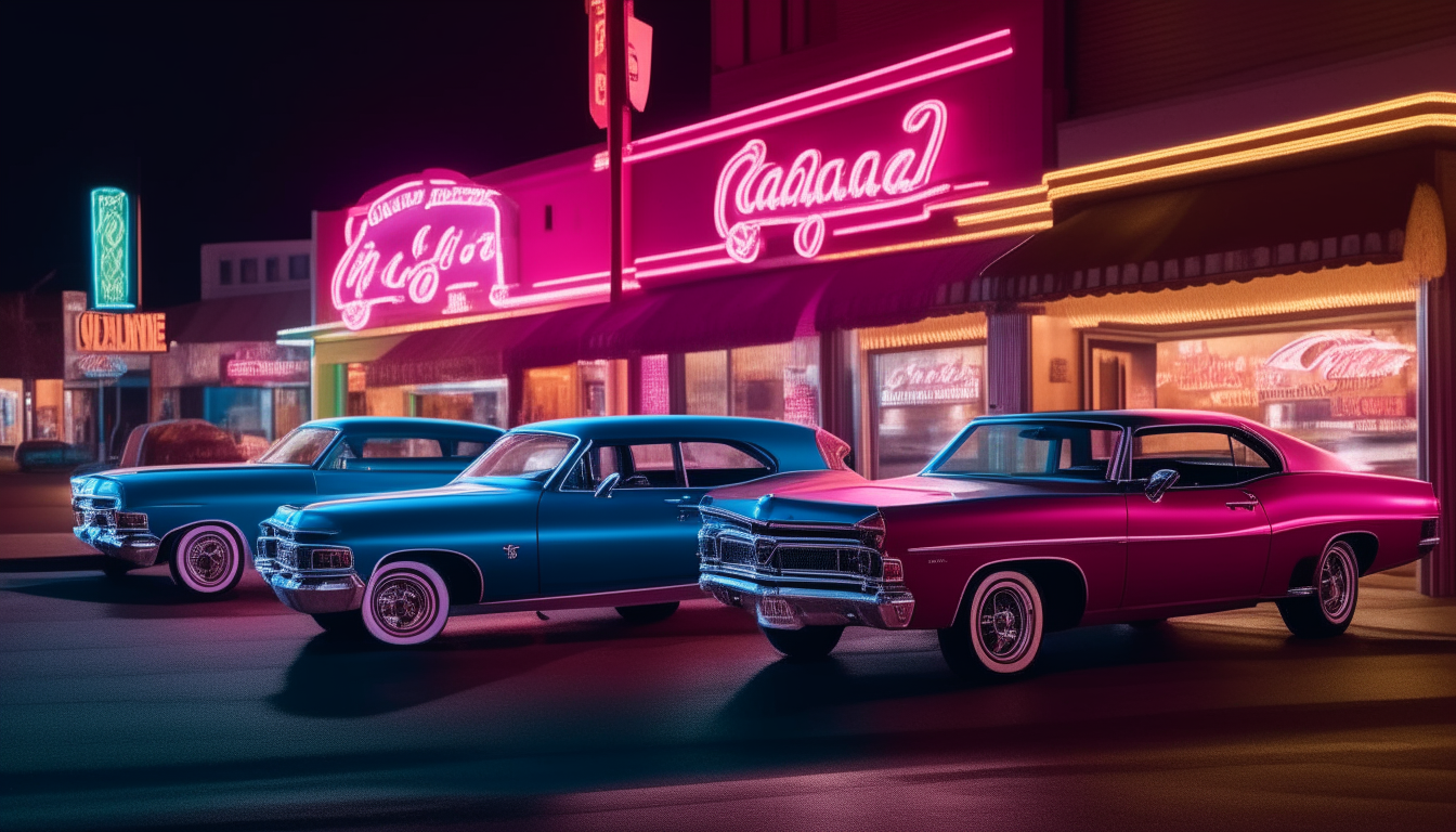 Another neon-lit scene of three vintage vehicles lined up outside a casino
