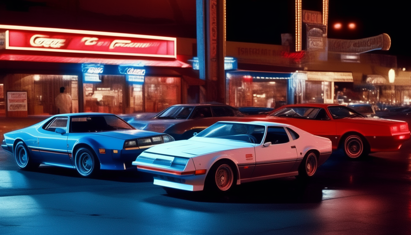 A row of three sports cars glow under the neon lights of a Las Vegas strip casino in the 1980s. Parked out front are a white Ferrari Testarossa, blue 1977 Ford Mustang GT and a red Nissan 300ZX.