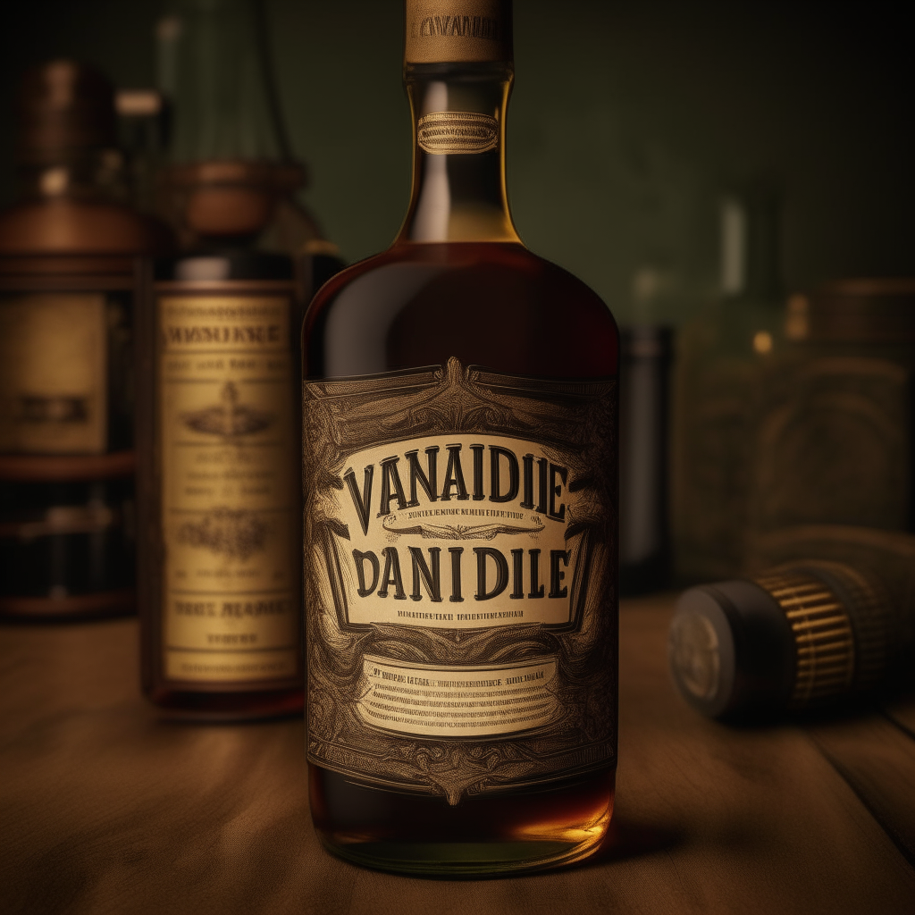 whiskey label for the brand VANDIERE.inc in an antique style from 1800