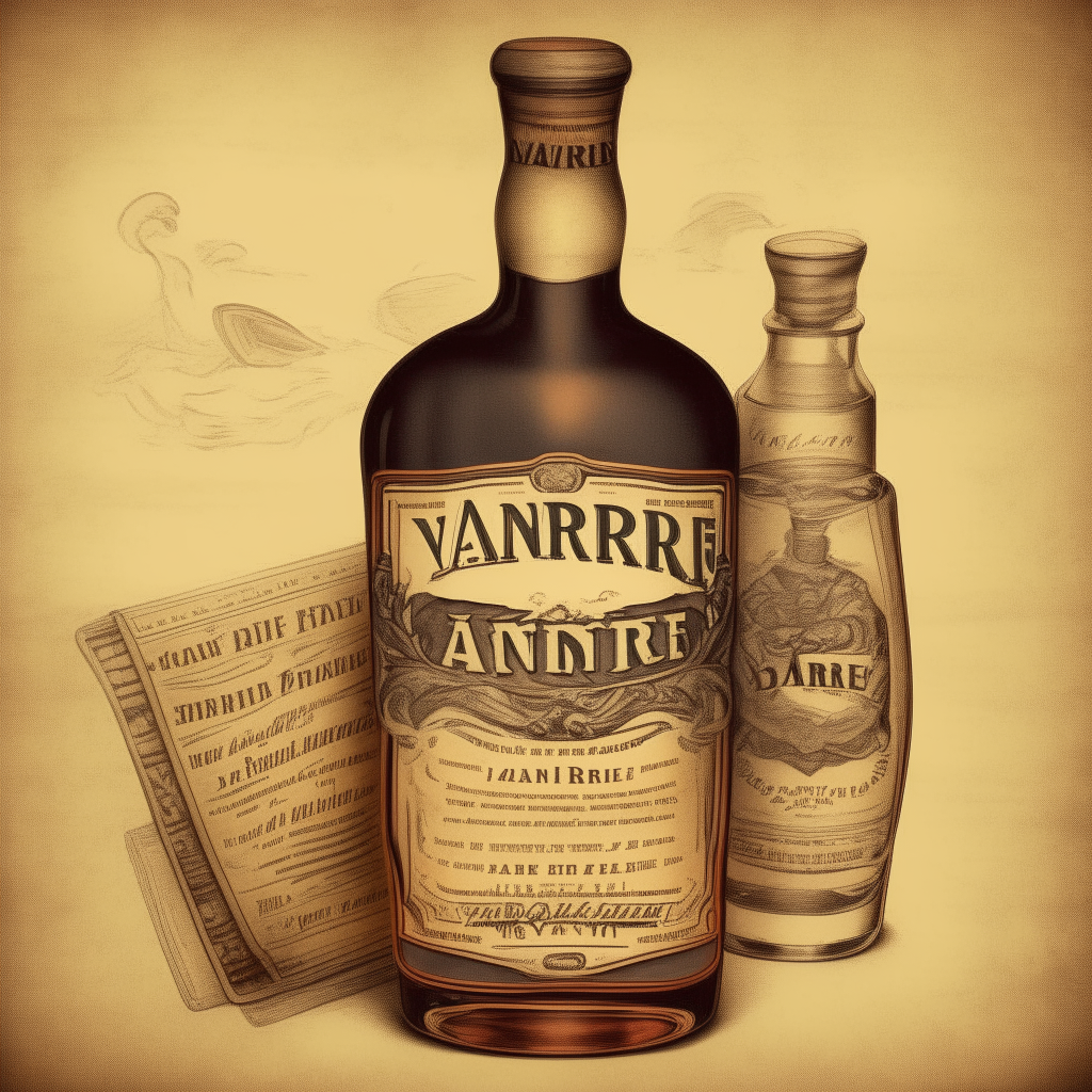 a vintage whiskey label for the brand VANDIERE.inc drawn alone in an antique style from 1800