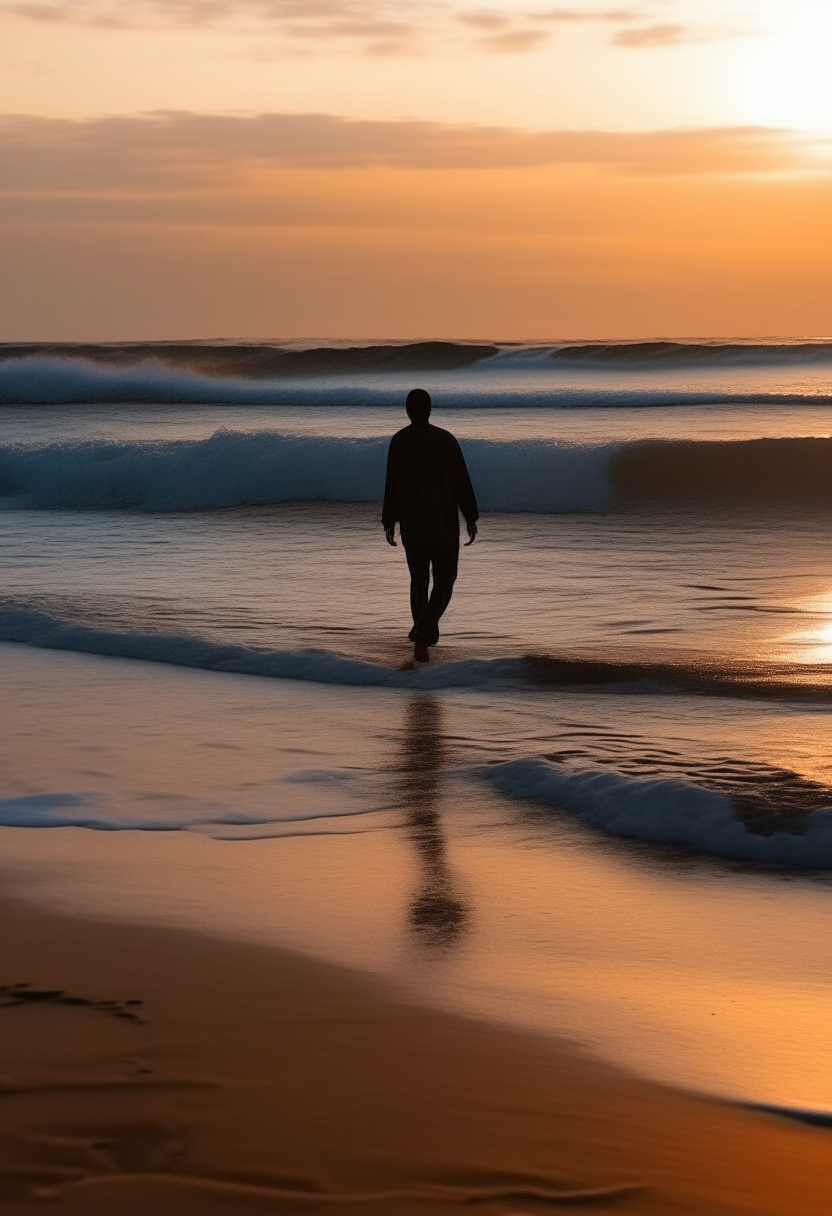 A beautiful man is walking on the beach with visible, moving waves next to him. The picture is large and clear at sunset 