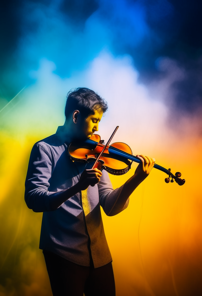 A man plays the violin at a colorful party With a background of blue and yellow moving smoke 