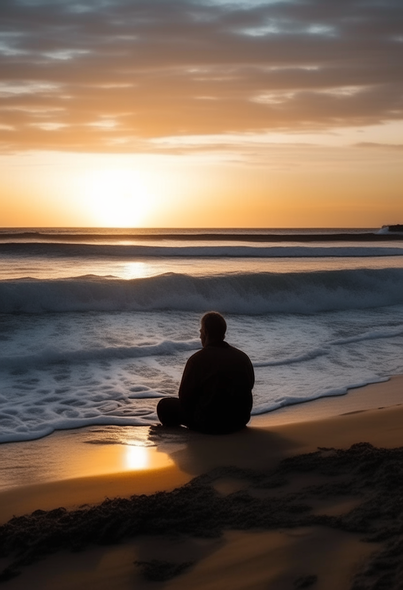 A man sits on the beach and watches the sea waves at sunset 