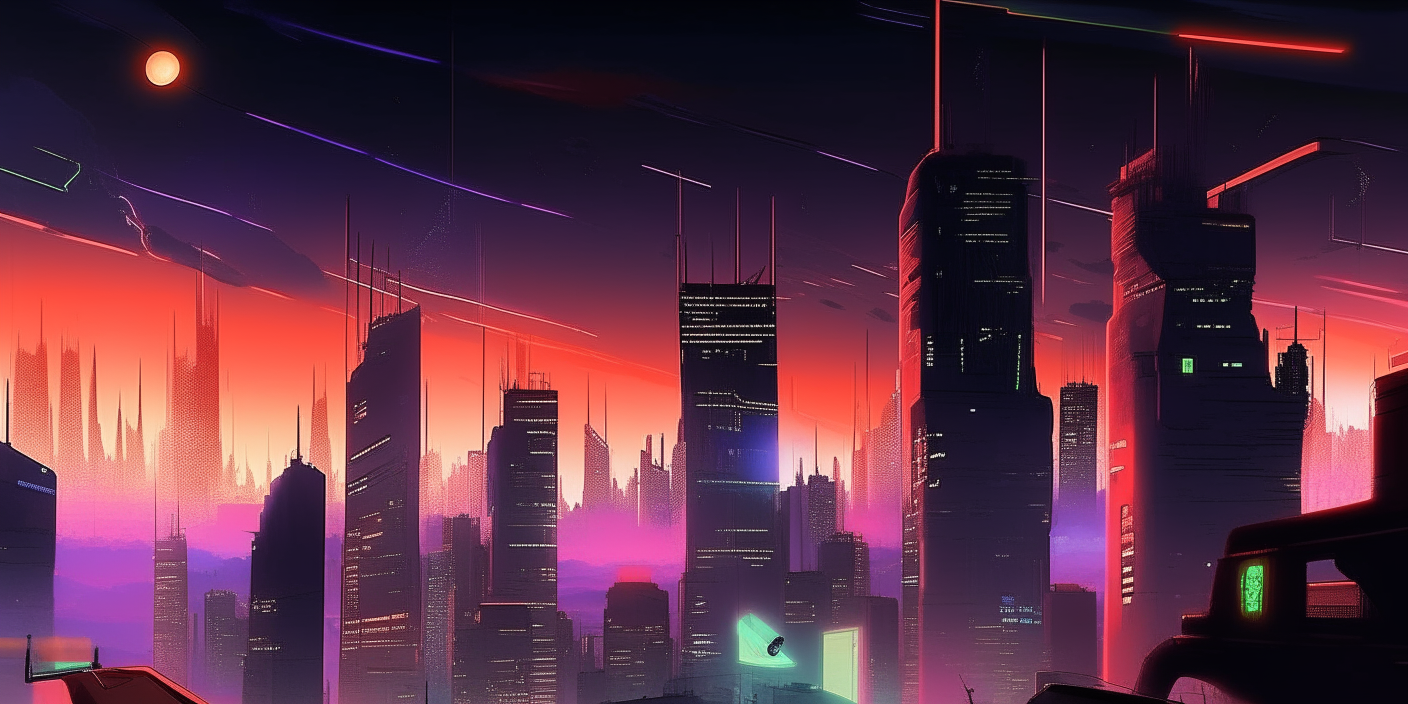 spirits floating through a futuristic city skyline at night, inspired by Neon Genesis Evangelion