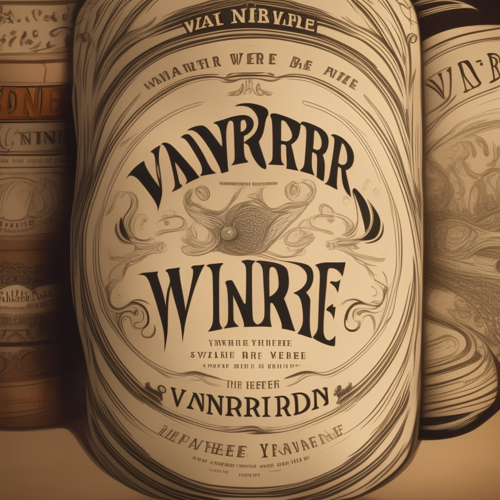 Vintage whiskey label for the brand 'VANDIERE' with text in a swirly font and illustrations of barrels and bottles