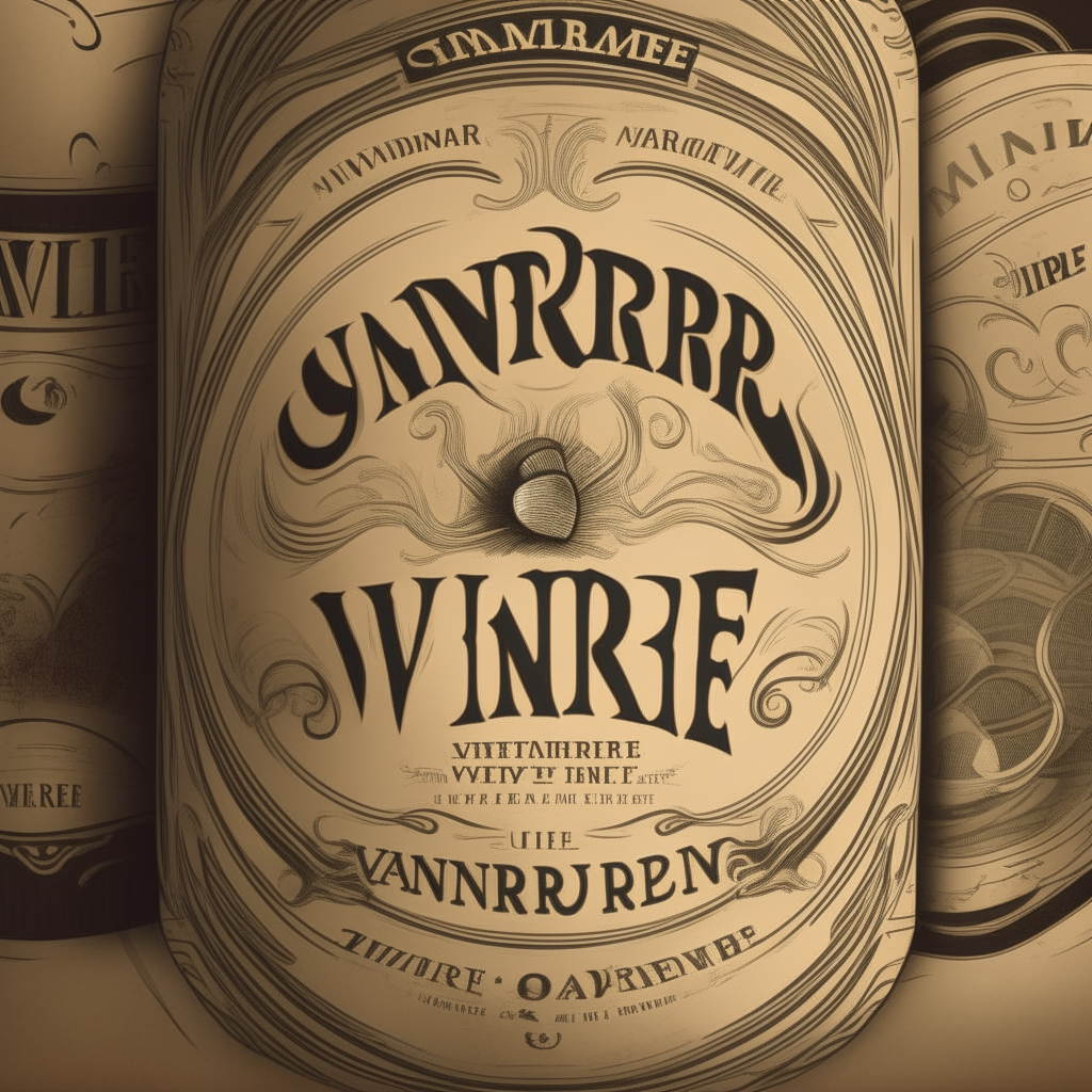 Vintage whiskey label for the brand 'VANDIERE' with text in a swirly font and illustrations of barrels