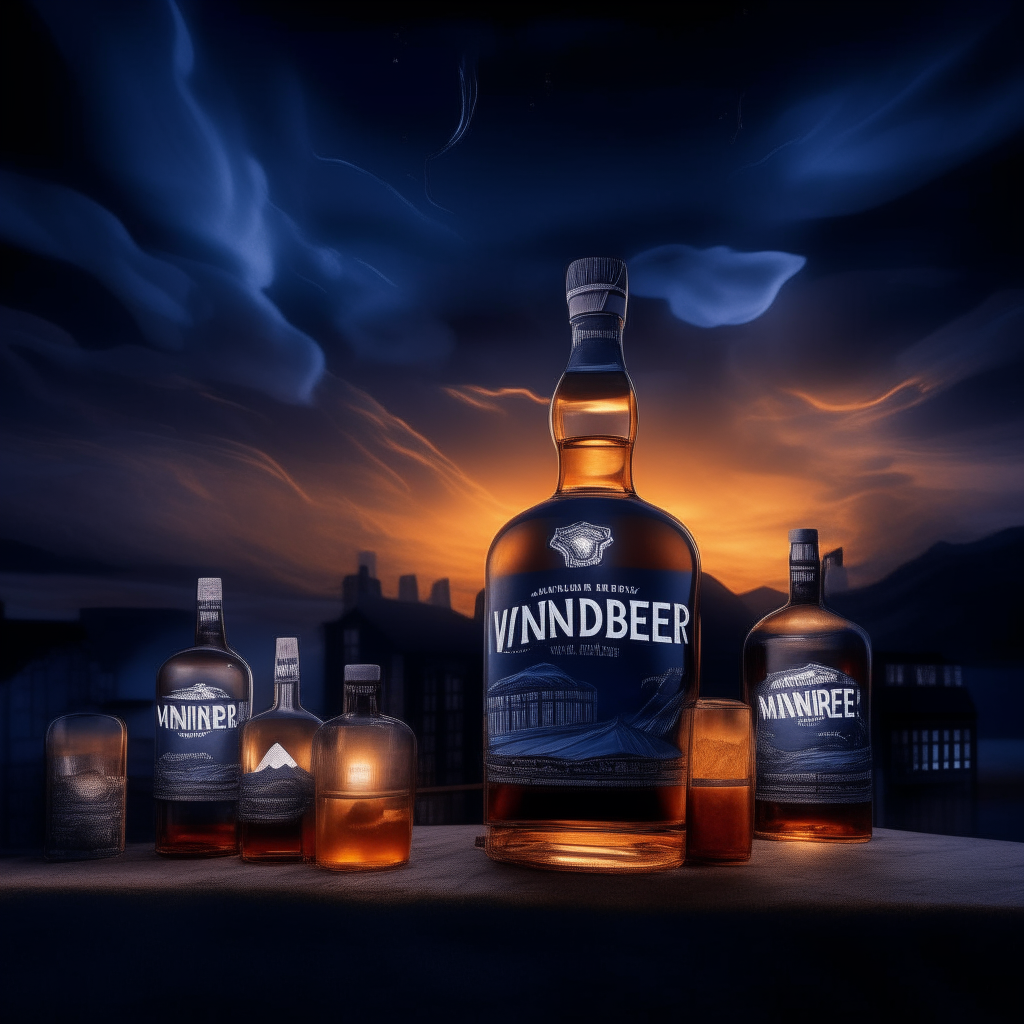 Large vintage whiskey label for the brand 'VANDIERE' with illustrations of barrels and bottles against a night sky with a storm in the background, in the style of the inspiration image