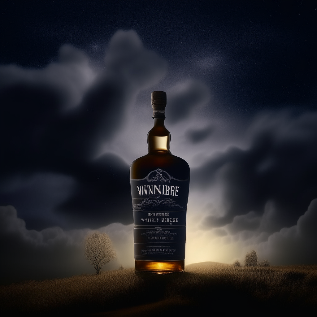 Vintage whiskey label for the brand 'VANDIERE' with a night sky and storm clouds in the background, in the style of the inspiration image but without bottles or objects