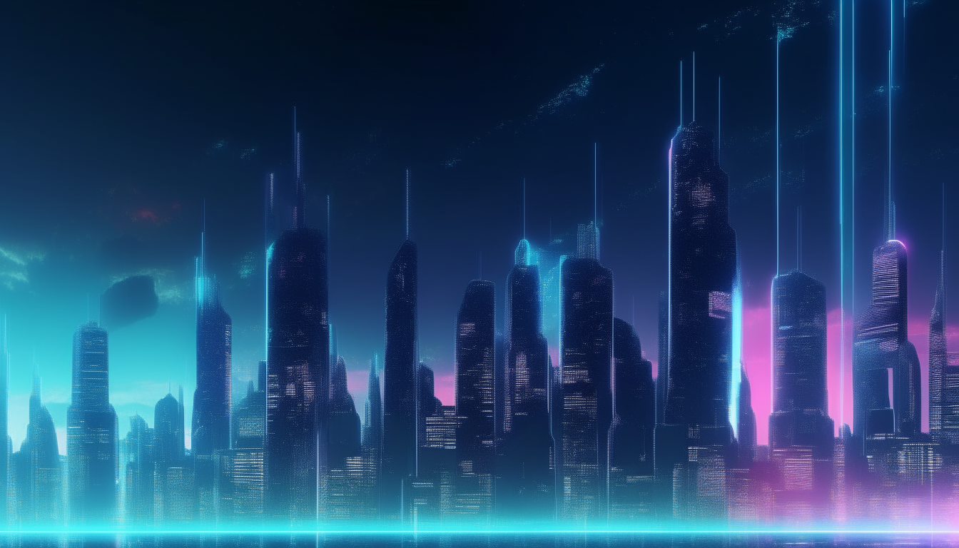 futuristic city skyline at night with a holographic V skyscraper on the horizon, inspired by video 7