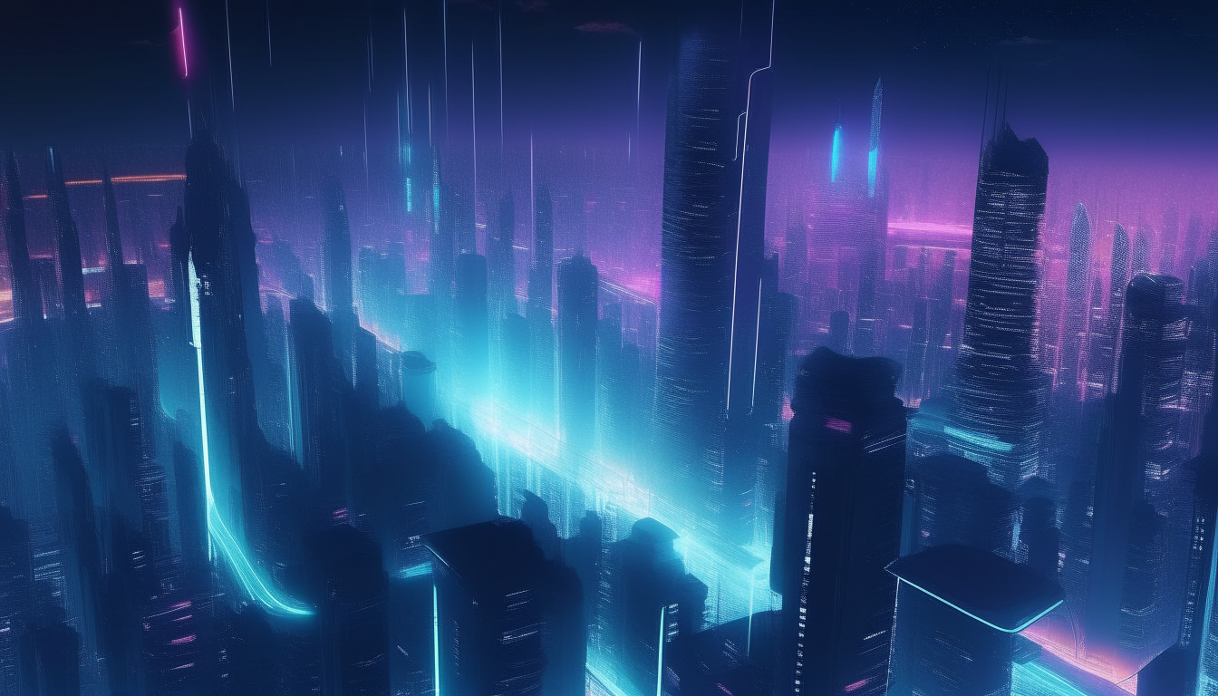 overhead view of a futuristic city skyline at night, with a holographic V skyscraper on the horizon, inspired by video 7