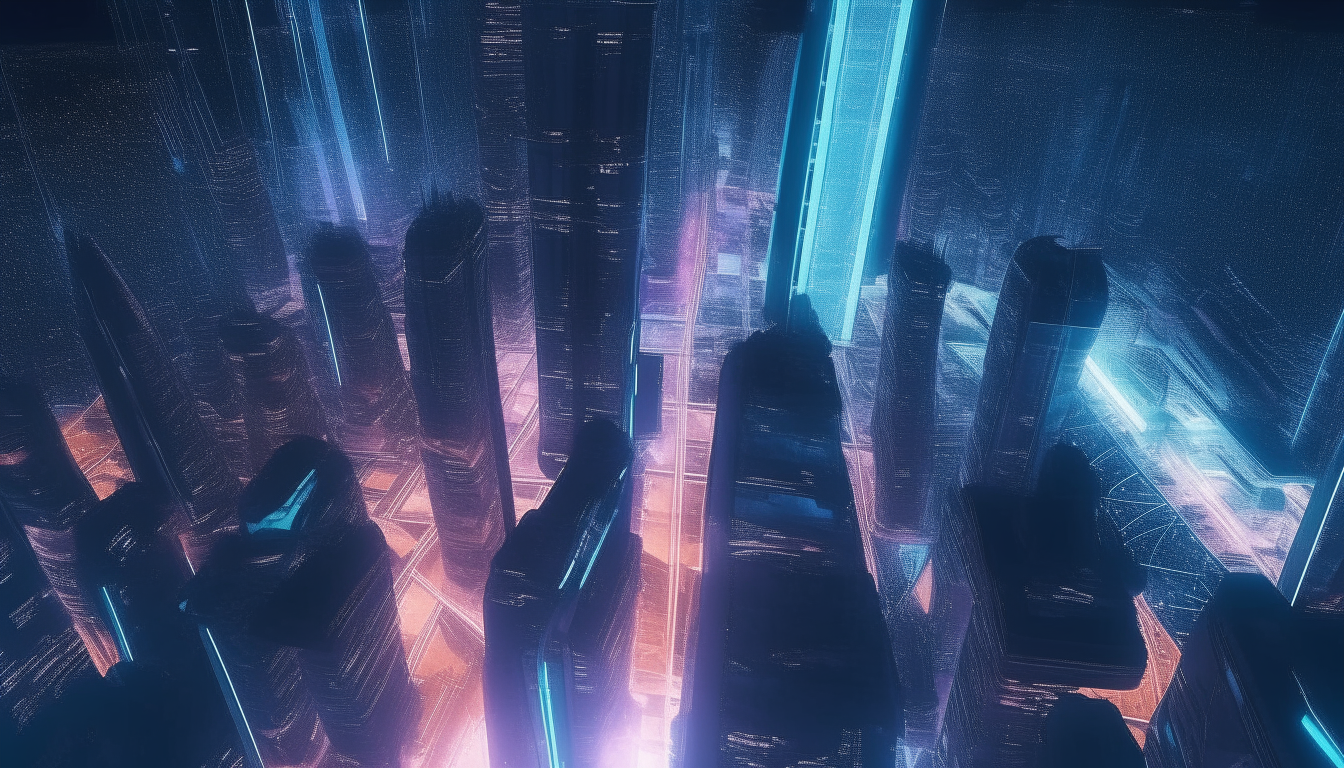 overhead view of a futuristic city as you fly through it at night with a holographic V skyscraper in the center, inspired by video 12