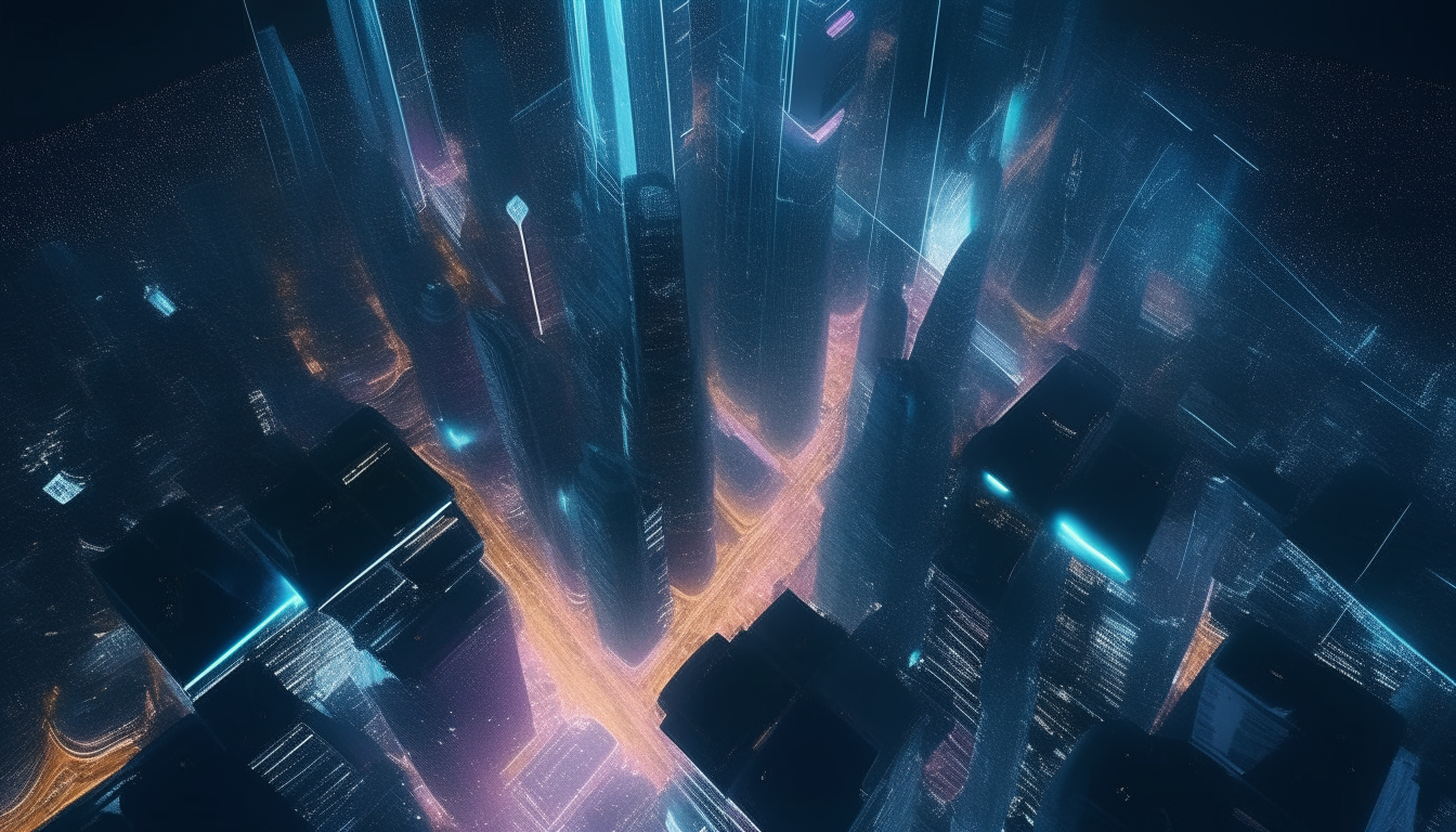 overhead view of a futuristic city as you fly towards a holographic V skyscraper at night, inspired by images 13, 11, 10, 1