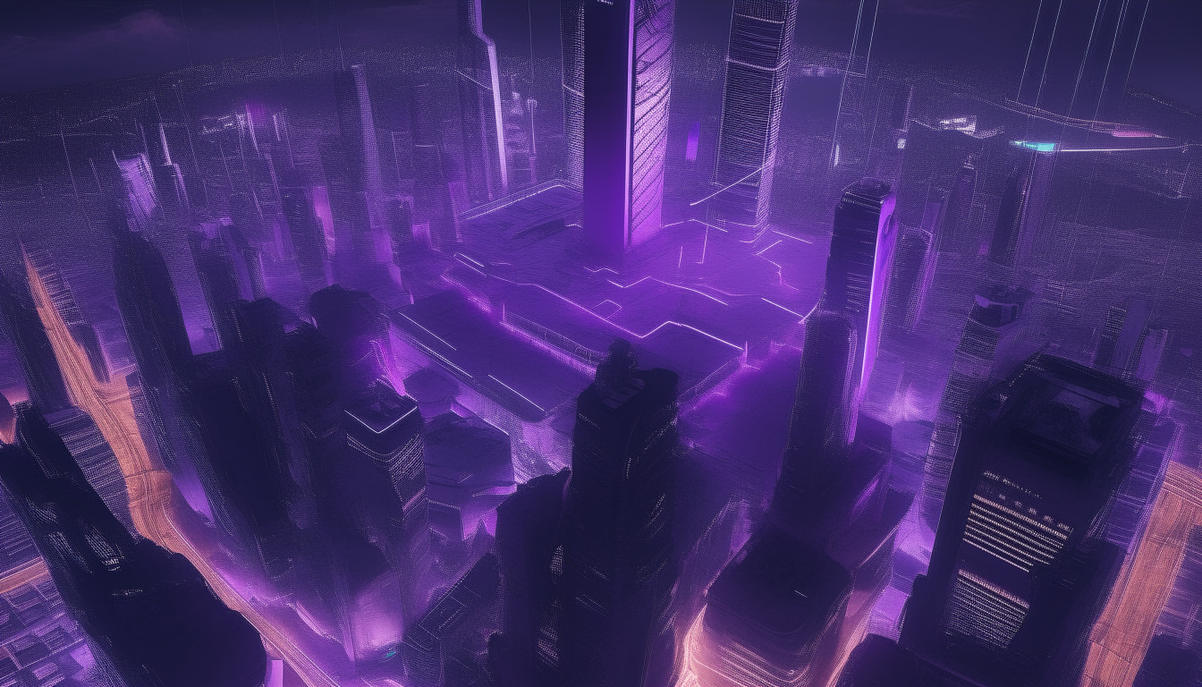 overhead view of a futuristic city at night with a holographic V skyscraper glowing in purple light