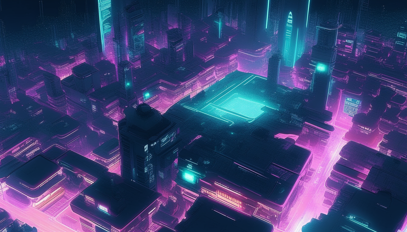 overhead view of a futuristic vaporwave utopian city at night