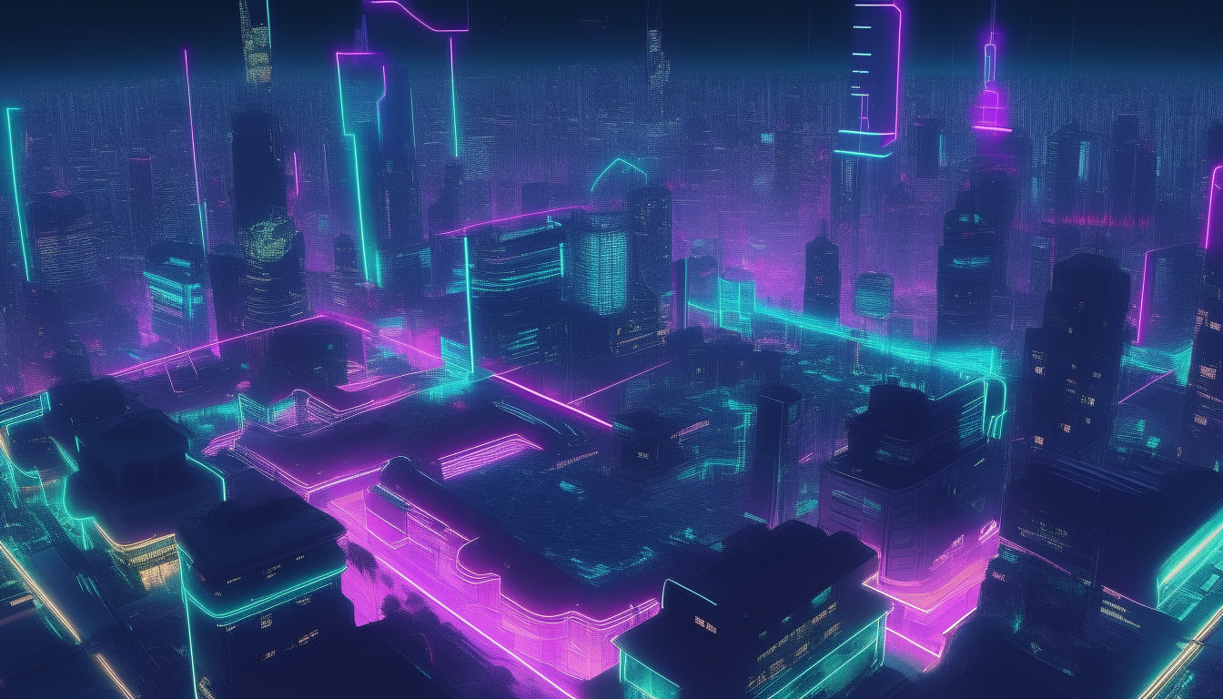 overhead view of a futuristic vaporwave utopian city at night with neon lights and a holographic skyline