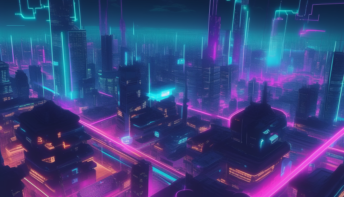 overhead view of a futuristic vaporwave utopian city at night with neon lights and a holographic skyline