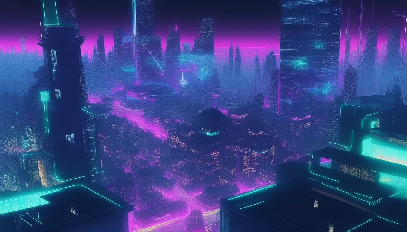 overhead view of a futuristic vaporwave city at night with neon lights and a holographic skyline