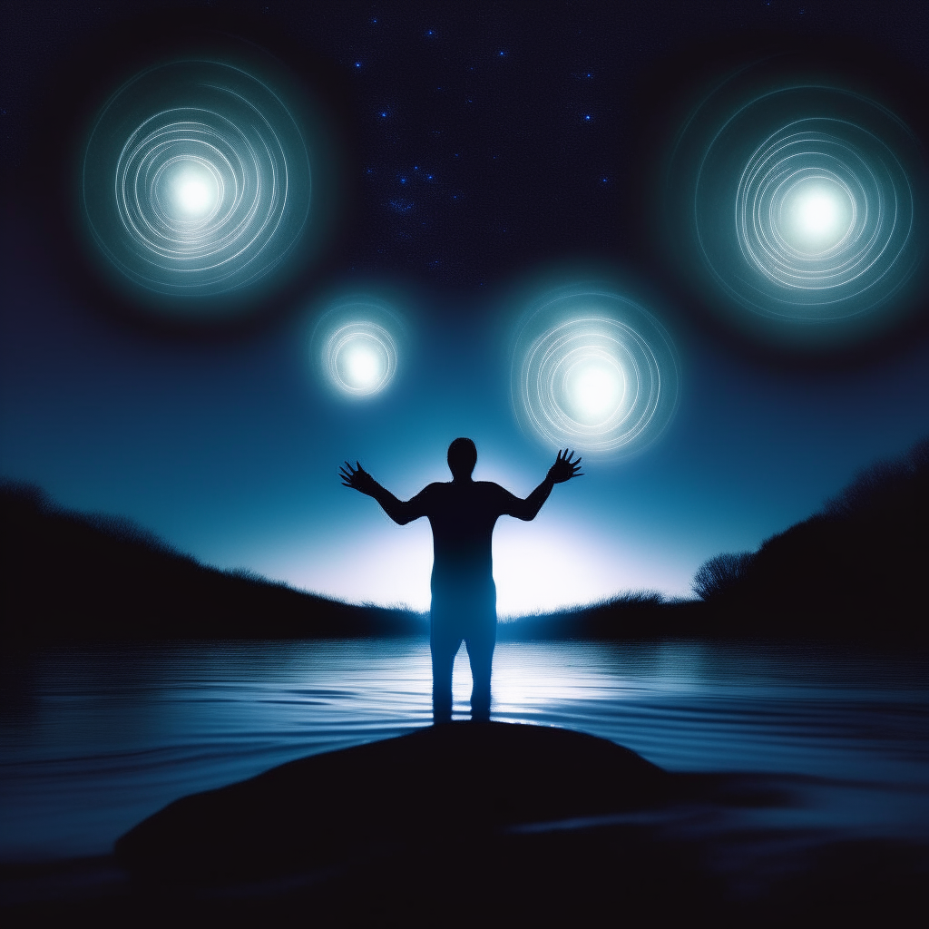 Ripples of light spread across a night sky, a lone figure stands with hand raised in peace between two glowing orbs