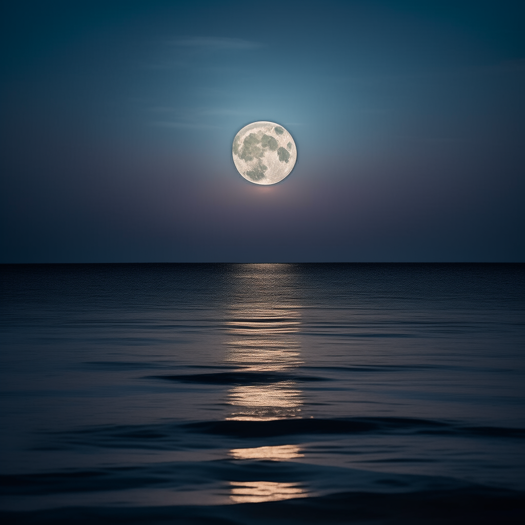 a full moon rising over a calm ocean at night