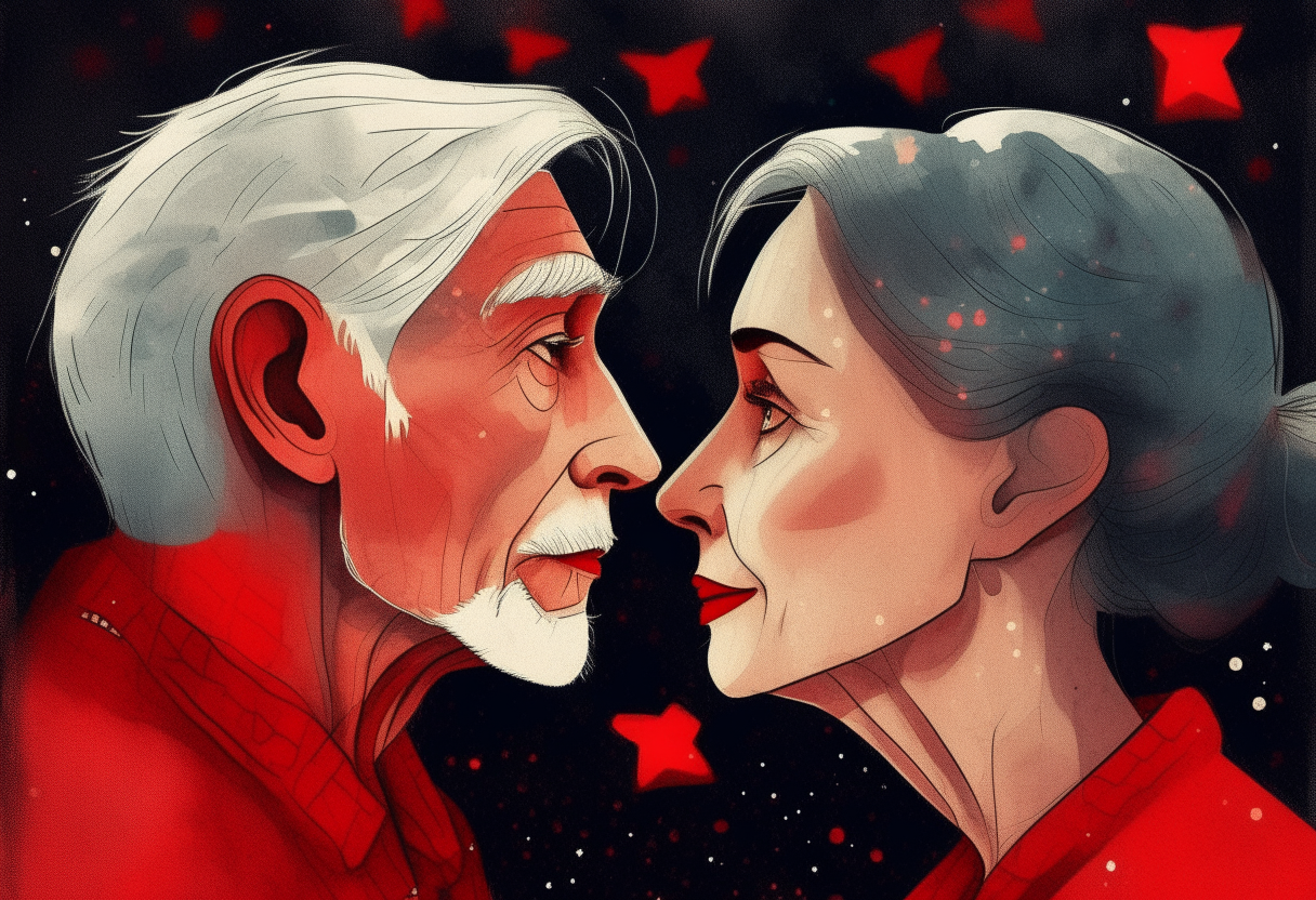a man and a woman look into each other's eyes, they will be old, stars and red hearts in the background, love, concept by Godfrey Blow, featured on deviantart, drawing, sots art, lyco art, artwork, photoillustration, poster art