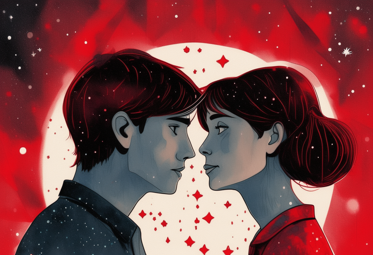 a man and a woman look into each other's eyes, stars and red hearts in the background, love, concept by Godfrey Blow, featured on deviantart, drawing, sots art, lyco art, artwork, photoillustration, poster art