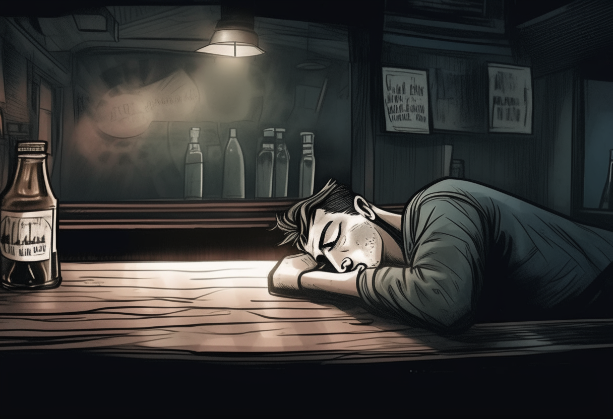 a man sleeps at the pub counter with a thought bubble above his head, sadness, dark ambiance, concept by Godfrey Blow, featured on deviantart, drawing, sots art, lyco art, artwork, photoillustration, poster art