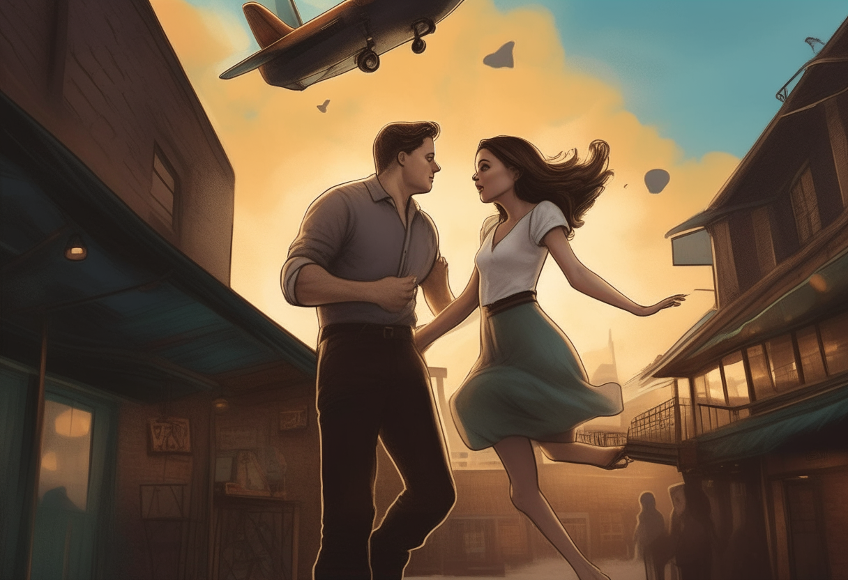 a man is flying hand in hand with a beautiful woman, pub in the background, love, concept by Godfrey Blow, featured on deviantart, drawing, sots art, lyco art, artwork, photoillustration, poster art