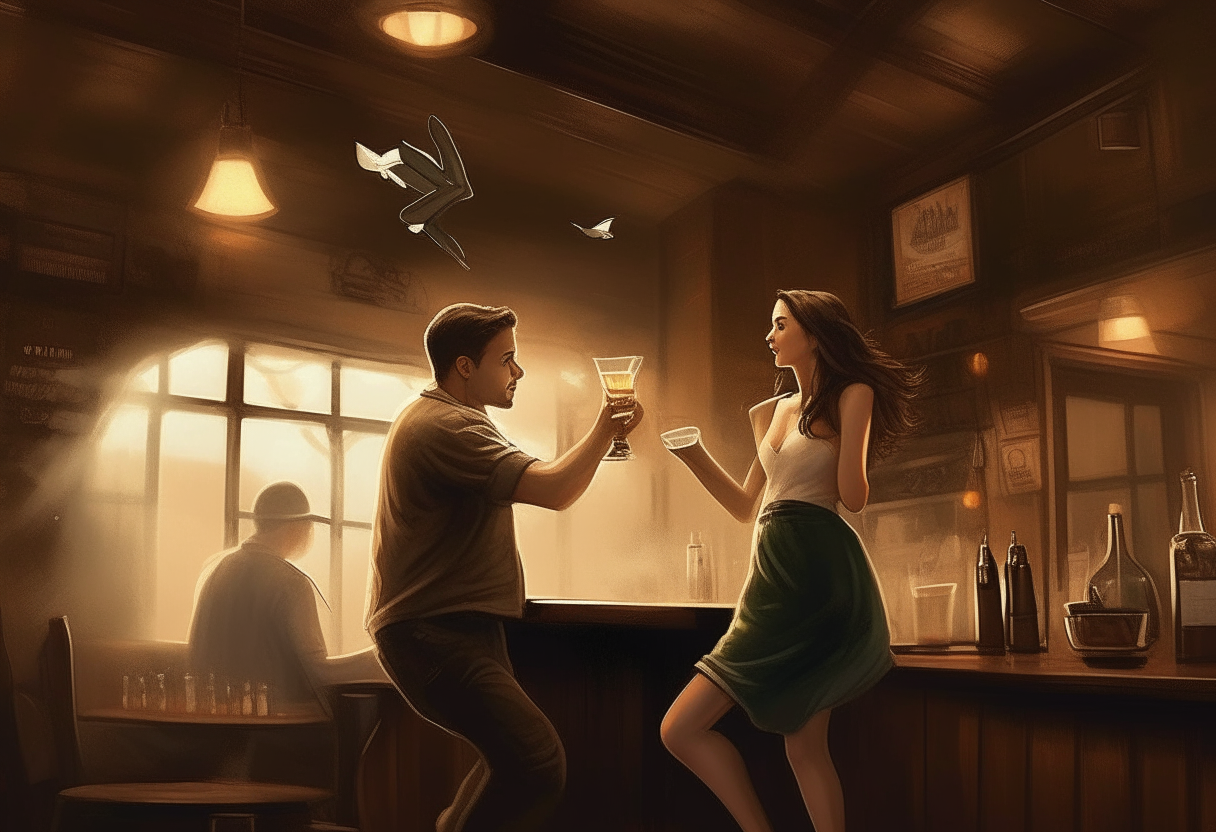 a man is flying hand in hand with a beautiful woman in pub , love, concept by Godfrey Blow, featured on deviantart, drawing, sots art, lyco art, artwork, photoillustration, poster art