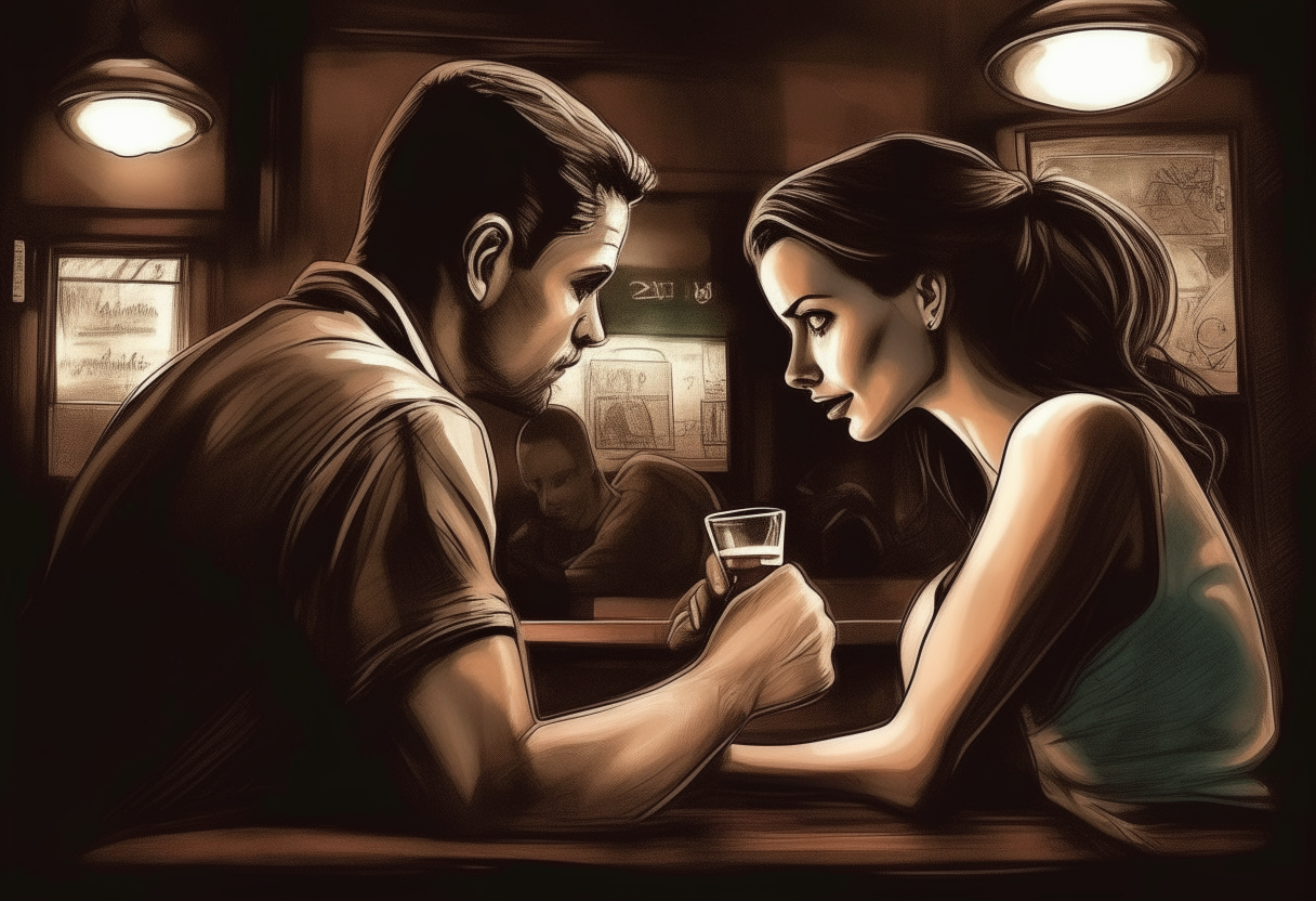 a man hand in hand with a beautiful woman in pub , concept by Godfrey Blow, featured on deviantart, drawing, sots art, lyco art, artwork, photoillustration, poster art