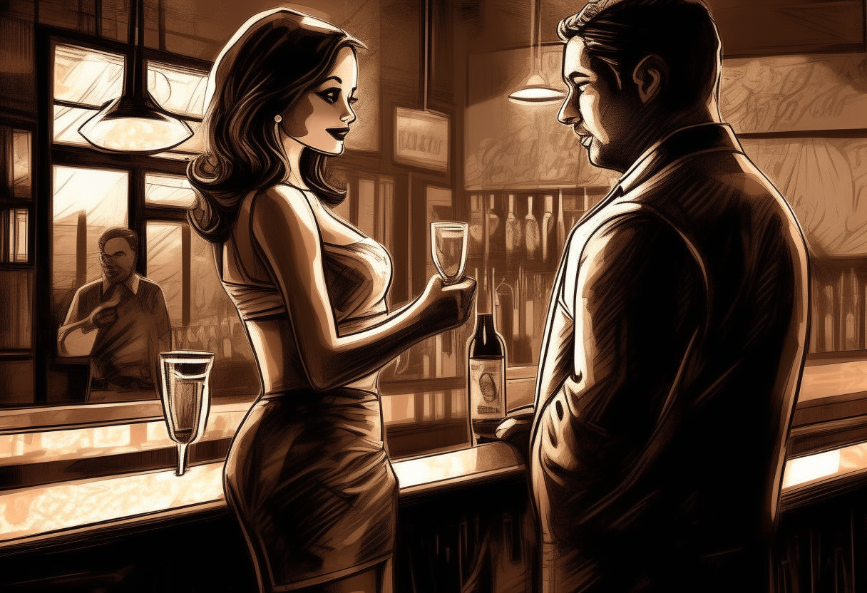 a man enter the bar hand in hand with a beautiful woman , concept by Godfrey Blow, featured on deviantart, drawing, sots art, lyco art, artwork, photoillustration, poster art