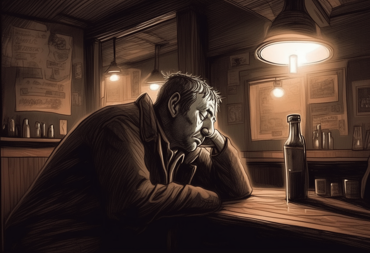 a man wakes up from his sleep in the pub, concept by Godfrey Blow, featured on deviantart, drawing, sots art, lyco art, artwork, photoillustration, poster art