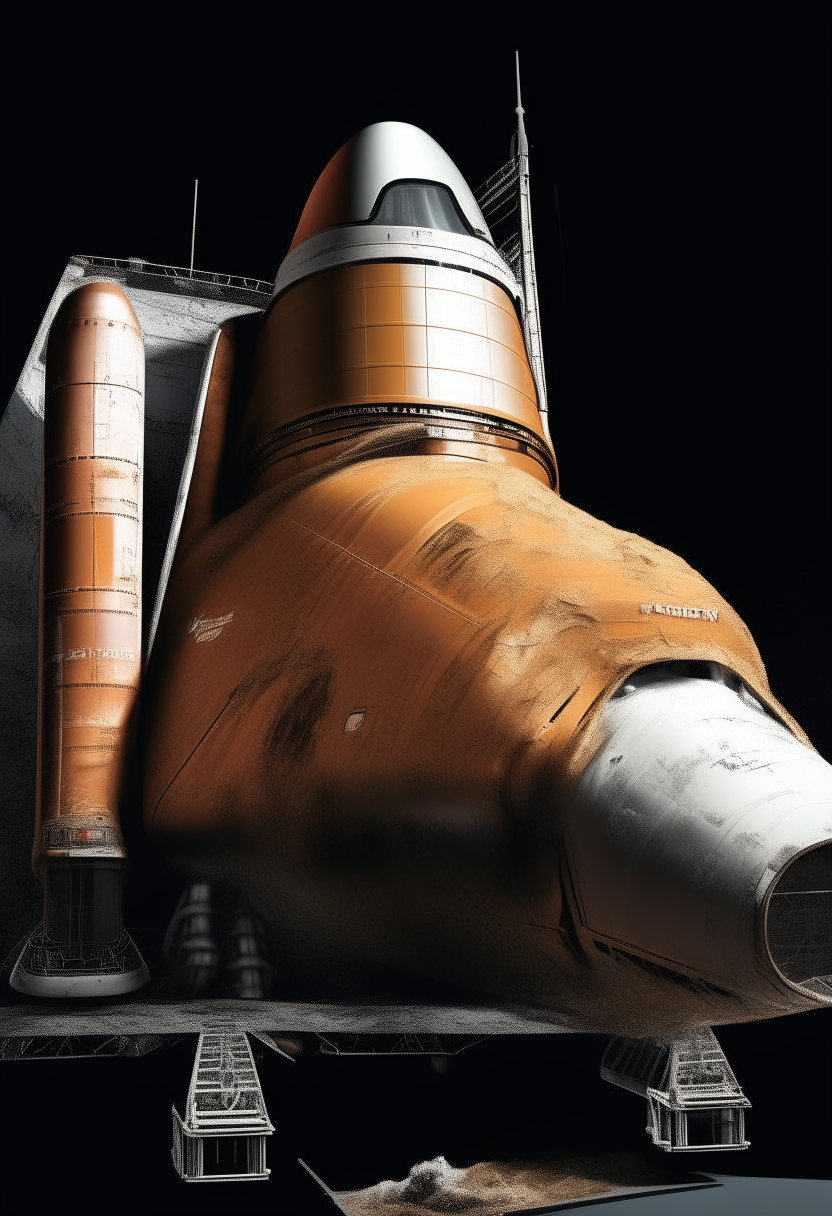 AI artwork that vividly showcases the Space Shuttle's orange External Tank, highlighting its unique rust-colored appearance, the intricate foam insulation, and the NASA emblem. The image should evoke the sense of awe and wonder associated with space exploration."