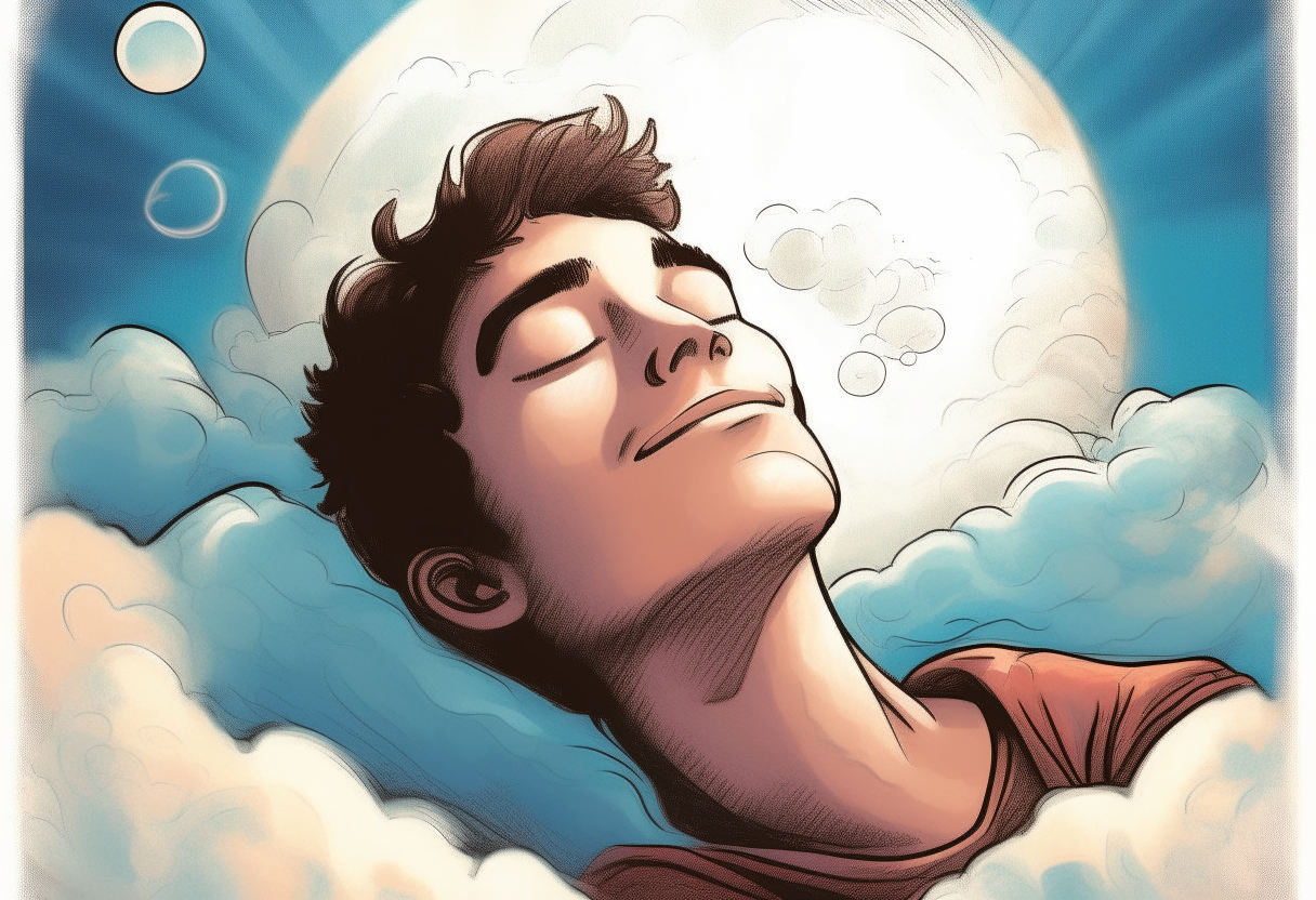 a young man sleeps with a thought bubble above his head, happy ambiance, concept by Godfrey Blow, featured on deviantart, drawing, sots art, lyco art, artwork, photoillustration, poster art