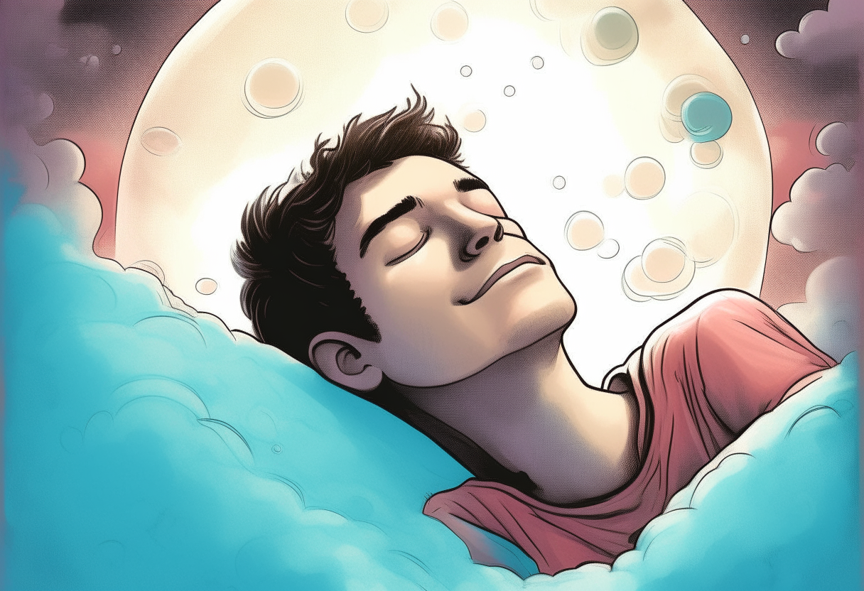 a young man sleeps with a thought bubble above his head, happy ambiance, concept by Godfrey Blow, featured on deviantart, drawing, sots art, lyco art, artwork, photoillustration, poster art