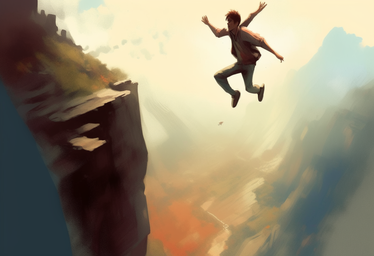 a young man jump from a cliff, happy ambiance, concept by Godfrey Blow, featured on deviantart, drawing, sots art, lyco art, artwork, photoillustration, poster art