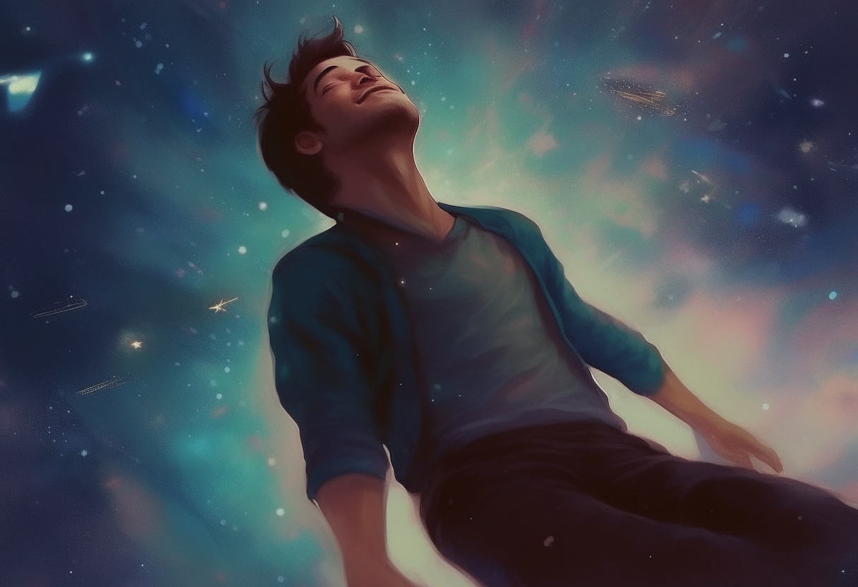 a young man falls among the stars, happy ambiance, concept by Godfrey Blow, featured on deviantart, drawing, sots art, lyco art, artwork, photoillustration, poster art
