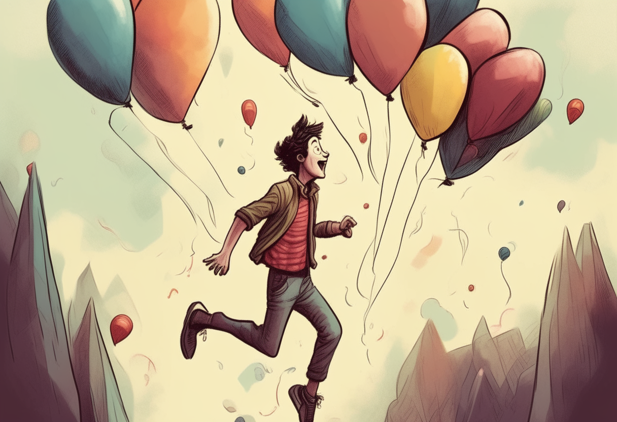 a young man jumps from balloon to balloon, happy ambiance, concept by Godfrey Blow, featured on deviantart, drawing, sots art, lyco art, artwork, photoillustration, poster art