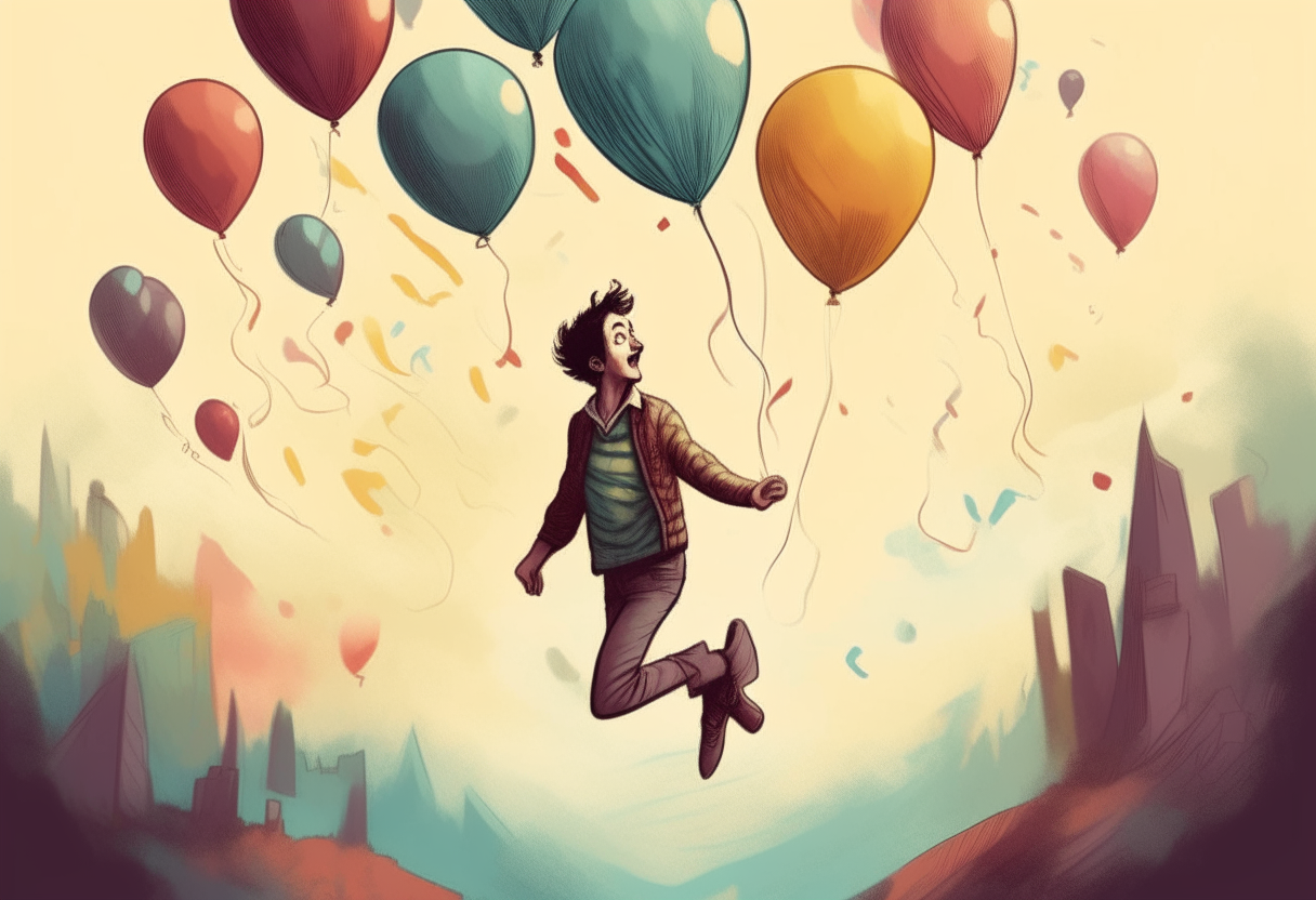 a young man jumps from balloon to balloon, happy ambiance, concept by Godfrey Blow, featured on deviantart, drawing, sots art, lyco art, artwork, photoillustration, poster art