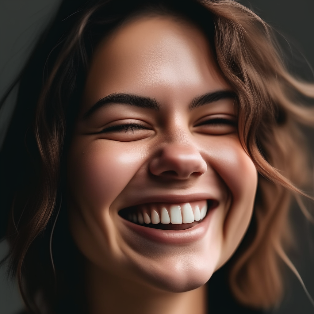 a close-up of the smiling person from image 6 laughing with their eyes closed