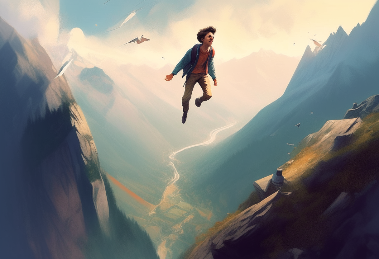 a young man flies between mountains, happy ambiance, concept by Godfrey Blow, featured on deviantart, drawing, sots art, lyco art, artwork, photoillustration, poster art