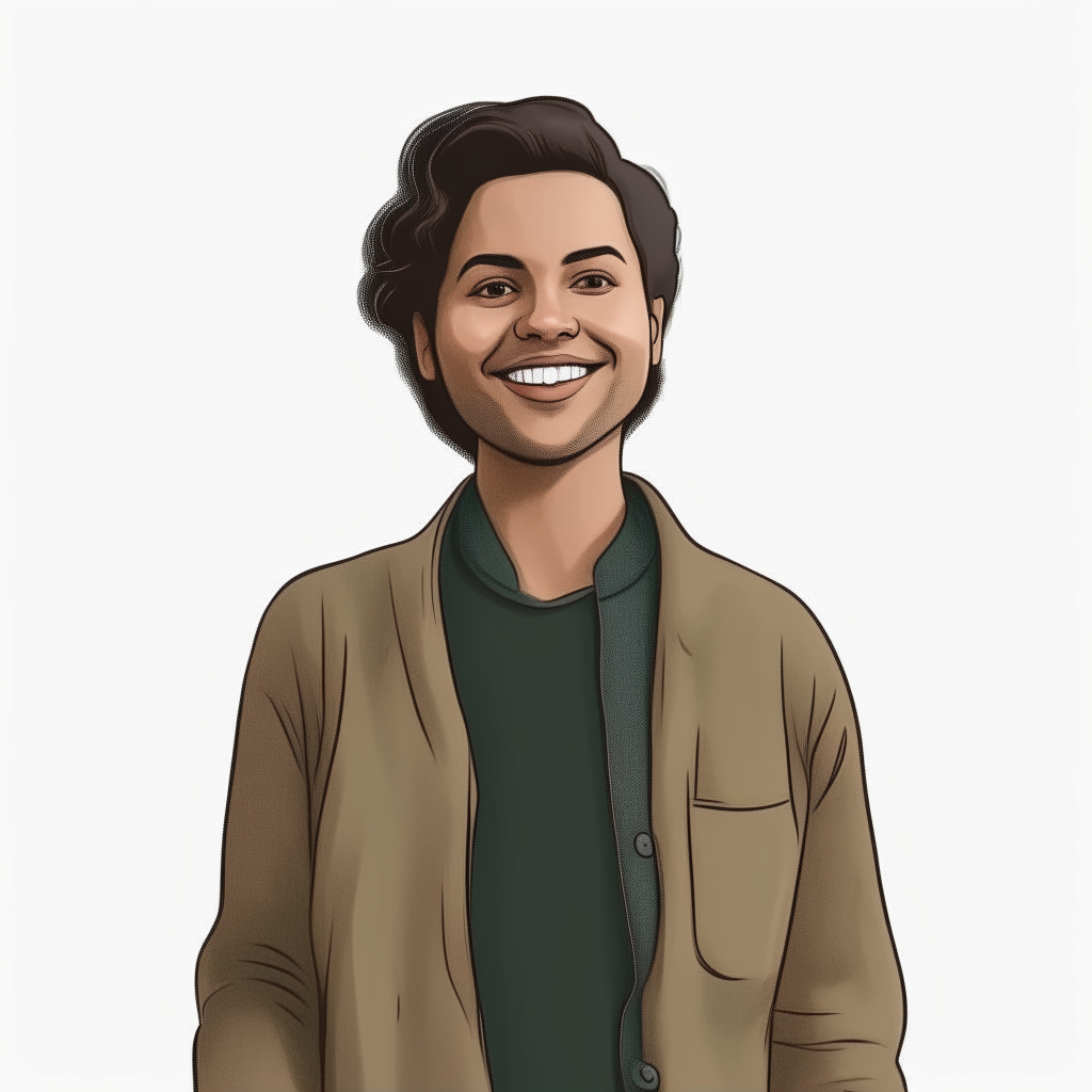 a full-length view of the smiling person from image 6 waving with their other hand on their hip