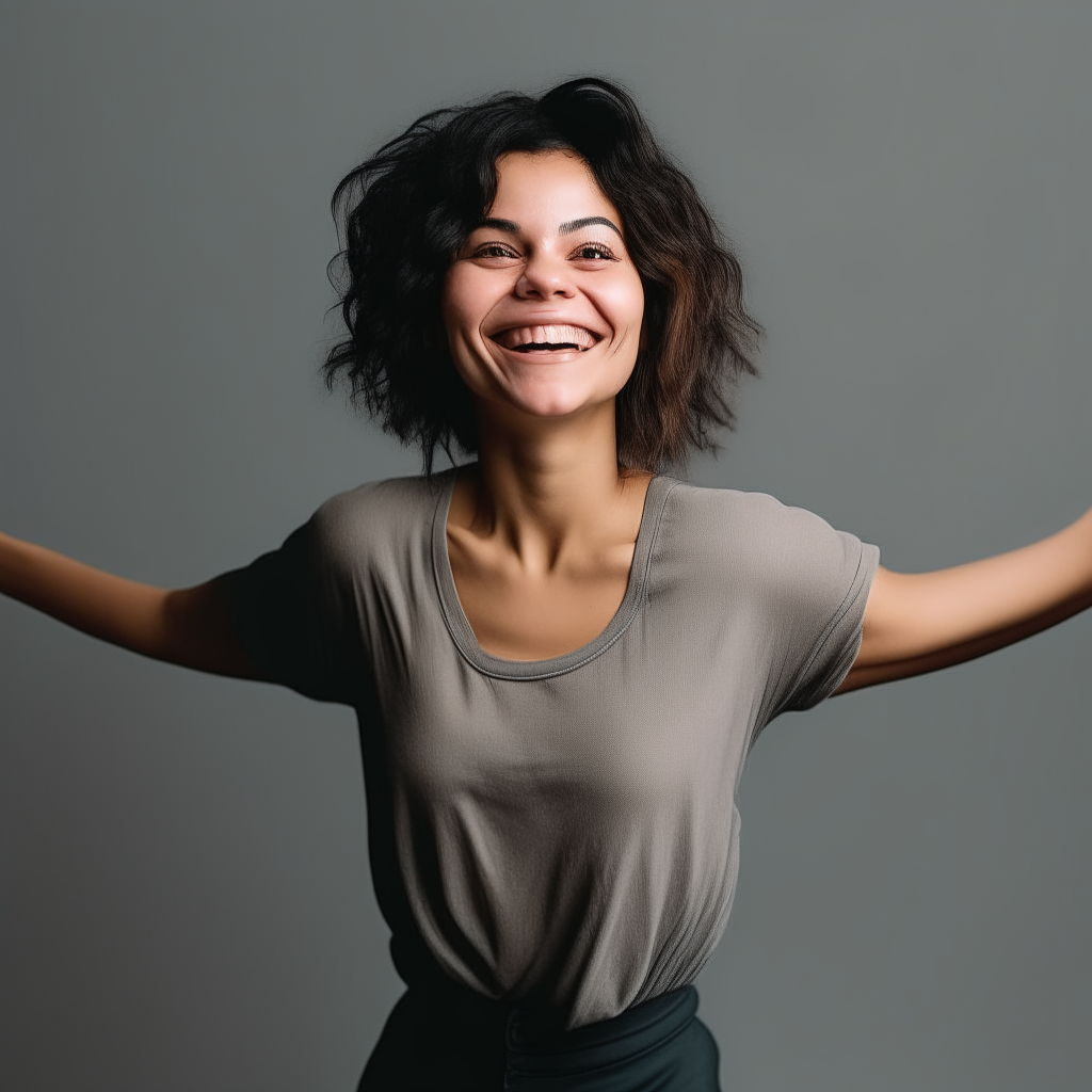 a full-length view of the smiling person from image 6 doing a pirouette with their arms outstretched