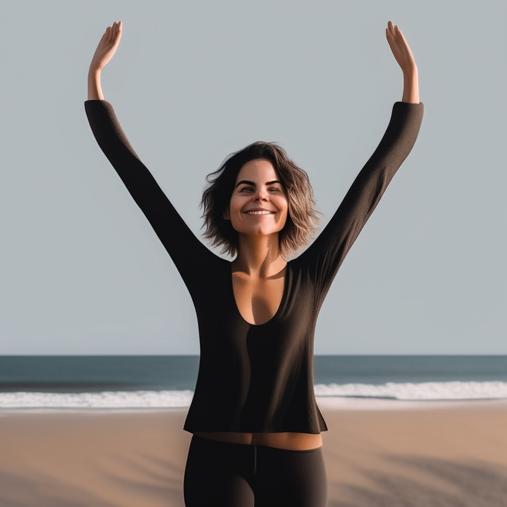 a full-length back view of the smiling person from image 6 doing yoga in a tree pose on a beach