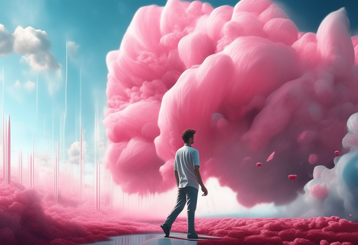 a young man falls between cotton candy, happy ambiance, concept by Godfrey Blow, featured on deviantart, drawing, sots art, lyco art, artwork, photoillustration, poster art