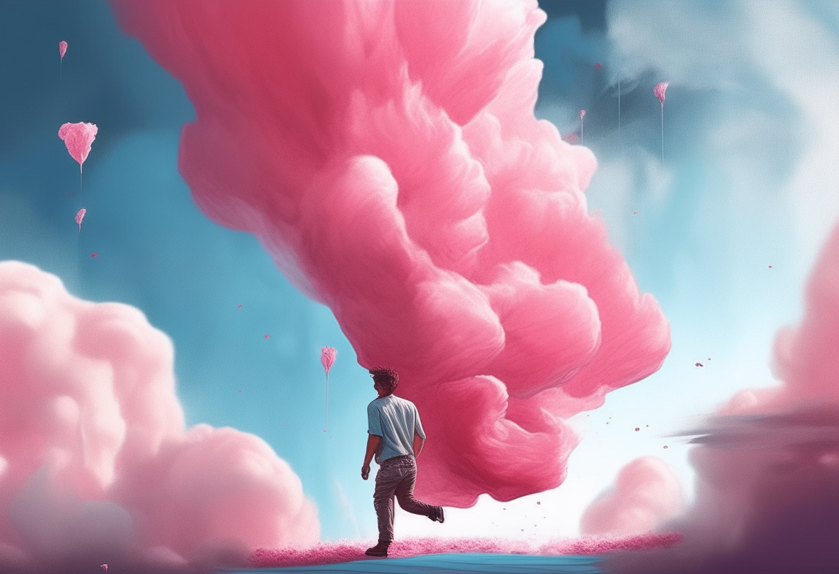 a young man falling between cotton candy, happy ambiance, concept by Godfrey Blow, featured on deviantart, drawing, sots art, lyco art, artwork, photoillustration, poster art