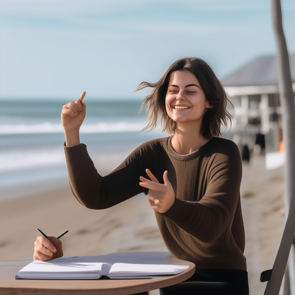 a three-quarter view of the smiling woman from image 13 sitting at a beachside cafe and writing in a notebook