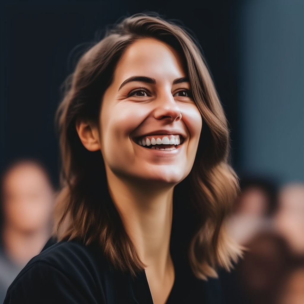 a close-up of the smiling woman from image 15 giving a presentation in front of a large audience