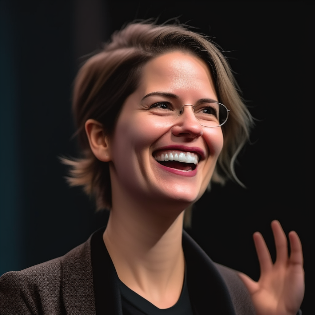 a three-quarter view of the smiling woman from image 15 gesturing enthusiastically while giving a keynote speech